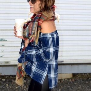 Anthropologie Cloth & Stone Blue Plaid Off The Shoulder Top